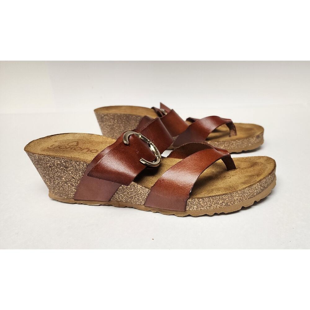 Yokono Womens Brown Leather Straps & Sock Cork Sole Wedge Slip On Sandals 9.5